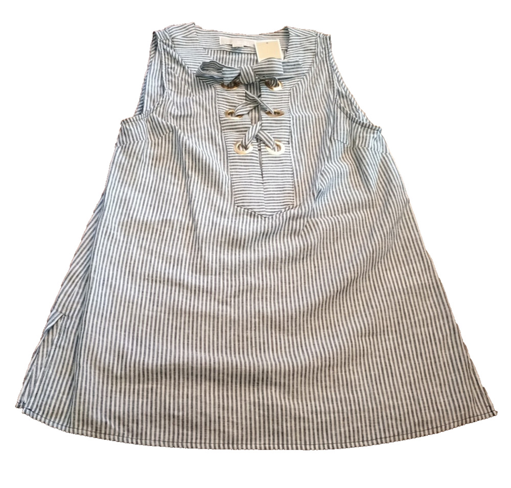 NWT MICHAEL KORS Blue & White Striped Linen Long Top Lace Bow Blouse Size Small
